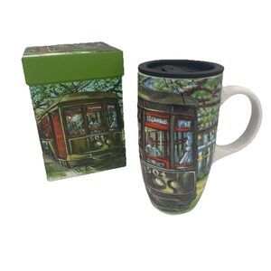 New Ceramic Travel Mug W Lid STREETCAR New Orleans LA St. Charles Gift Box